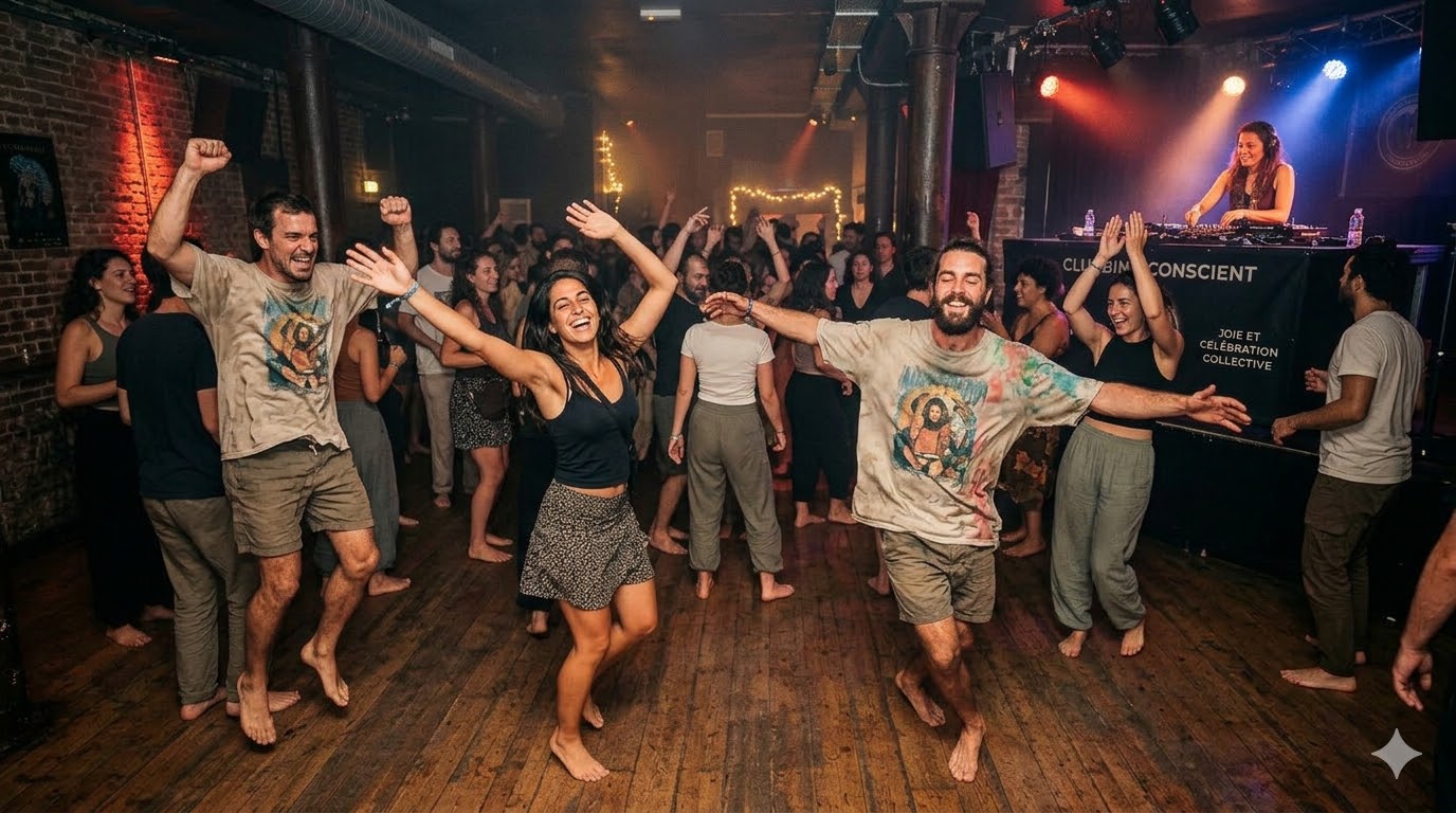 Clubbing conscient guide par un DJ Ecstatic Dance avec danse libre et danseurs pieds nus