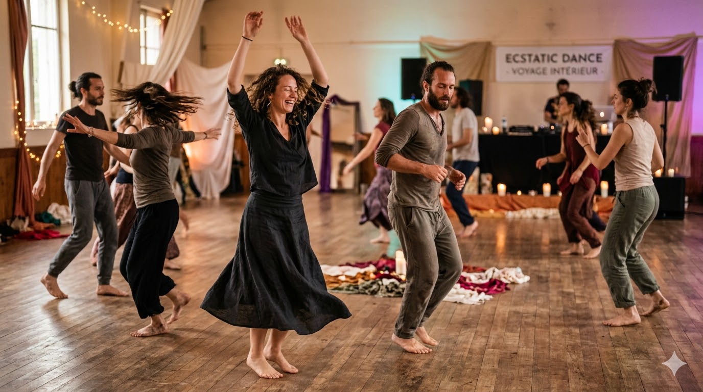 Participantes en danse libre lors d'une session d'Ecstatic Dance en salle